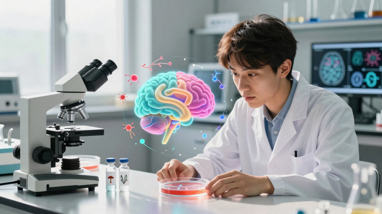 Junger Wissenschaftler im Labor untersucht Petrischale mit digitaler Gehirn-Grafik im Hintergrund.