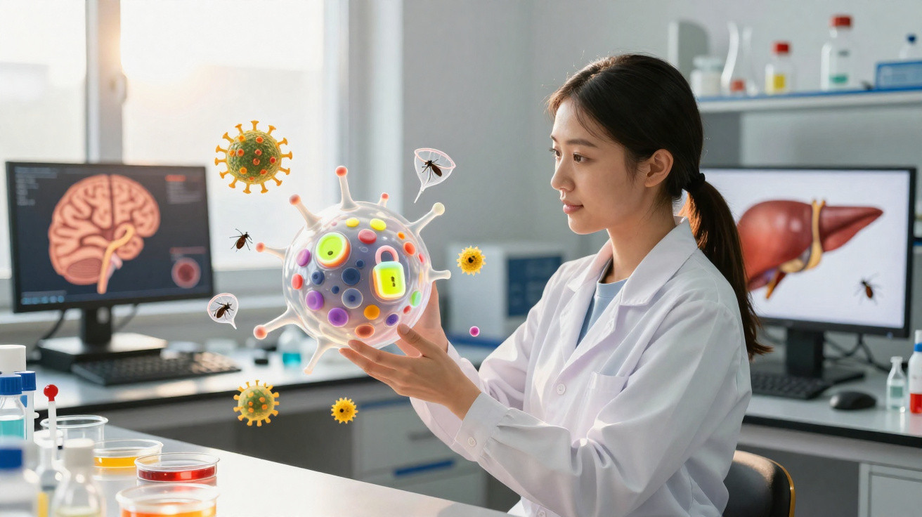 Wissenschaftlerin im Labor analysiert digitale Modelle von Viren und Moskitos zur Krankheitsforschung.