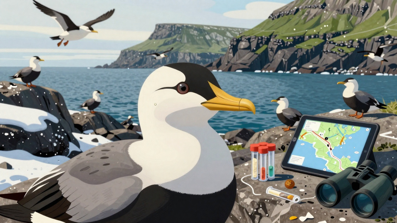 Nahaufnahme eines Albatros mit Ozean, Felsen, weiteren Vögeln, einem Tablet, Fernglas und Probenröhrchen im Hintergrund.