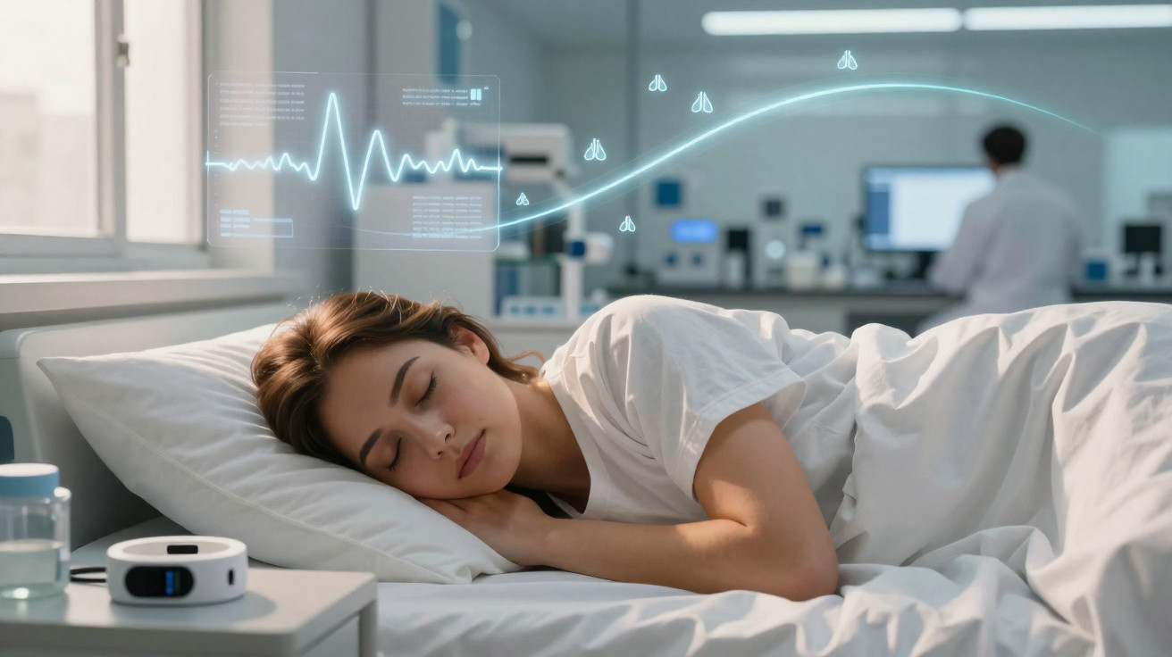 Junge Frau schläft im Krankenhausbett, während ein Arzt im Hintergrund medizintechnische Daten überwacht.