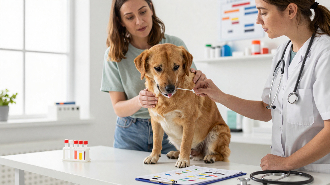 Tierärztin entnimmt einem mittelgroßen Hund mit Stäbchen eine Speichelprobe, Hundebesitzerin hält ihn sanft fest.