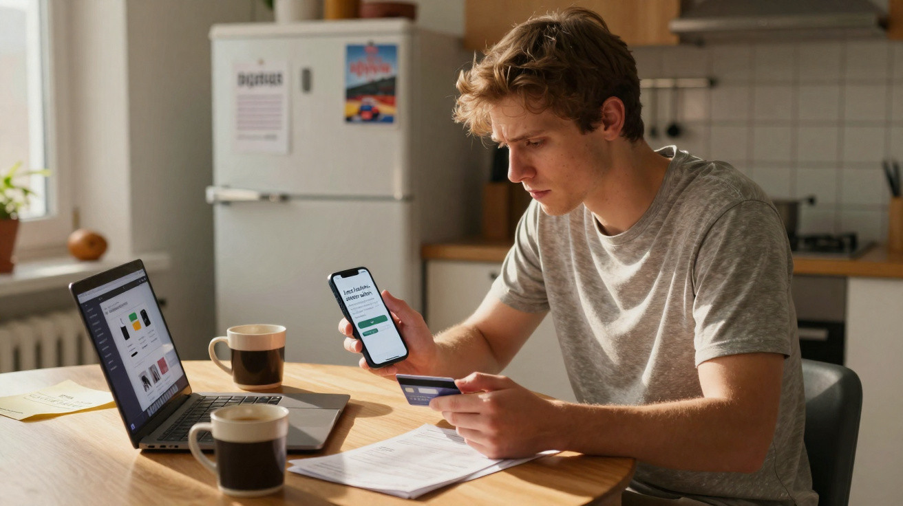Junger Mann prüft Online-Banking-App mit Kreditkarte und Smartphone in moderner Küche.