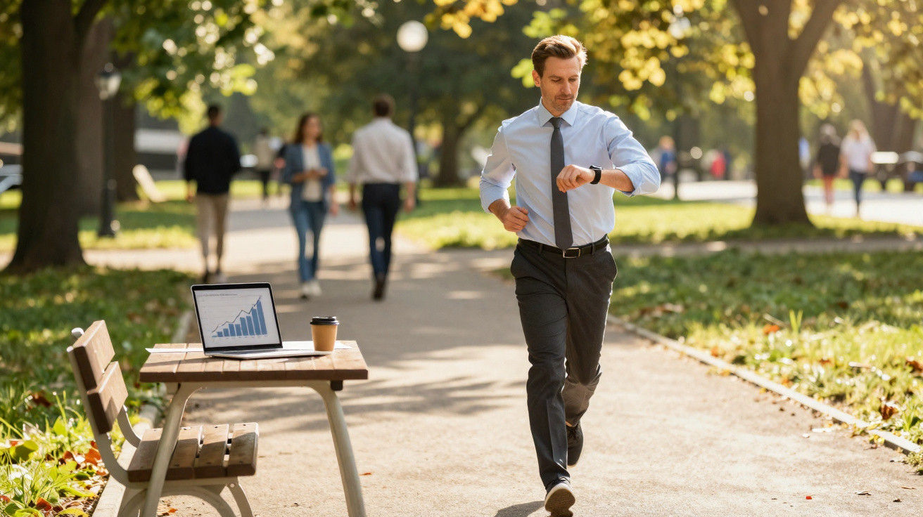 Geschäftsmann im Park läuft eilends, schaut auf Uhr, neben Bank mit Laptop und Kaffeebecher.