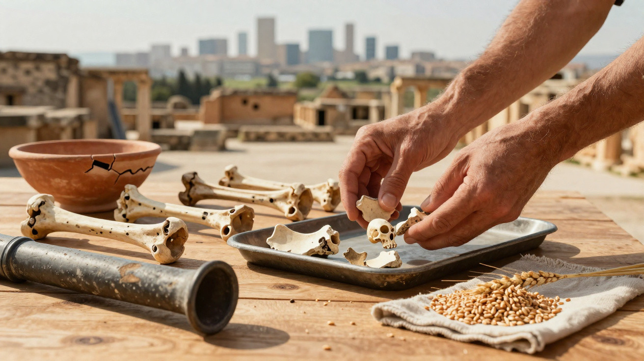 Hände ordnen kleine Knochen auf Tablett mit größeren Knochen und antiken Gegenständen auf Holztisch vor Stadtansicht.