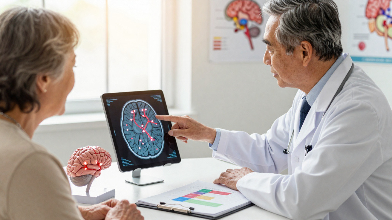 Arzt erklärt älterer Patientin Gehirnscan auf Bildschirm in einer hellen Praxis.