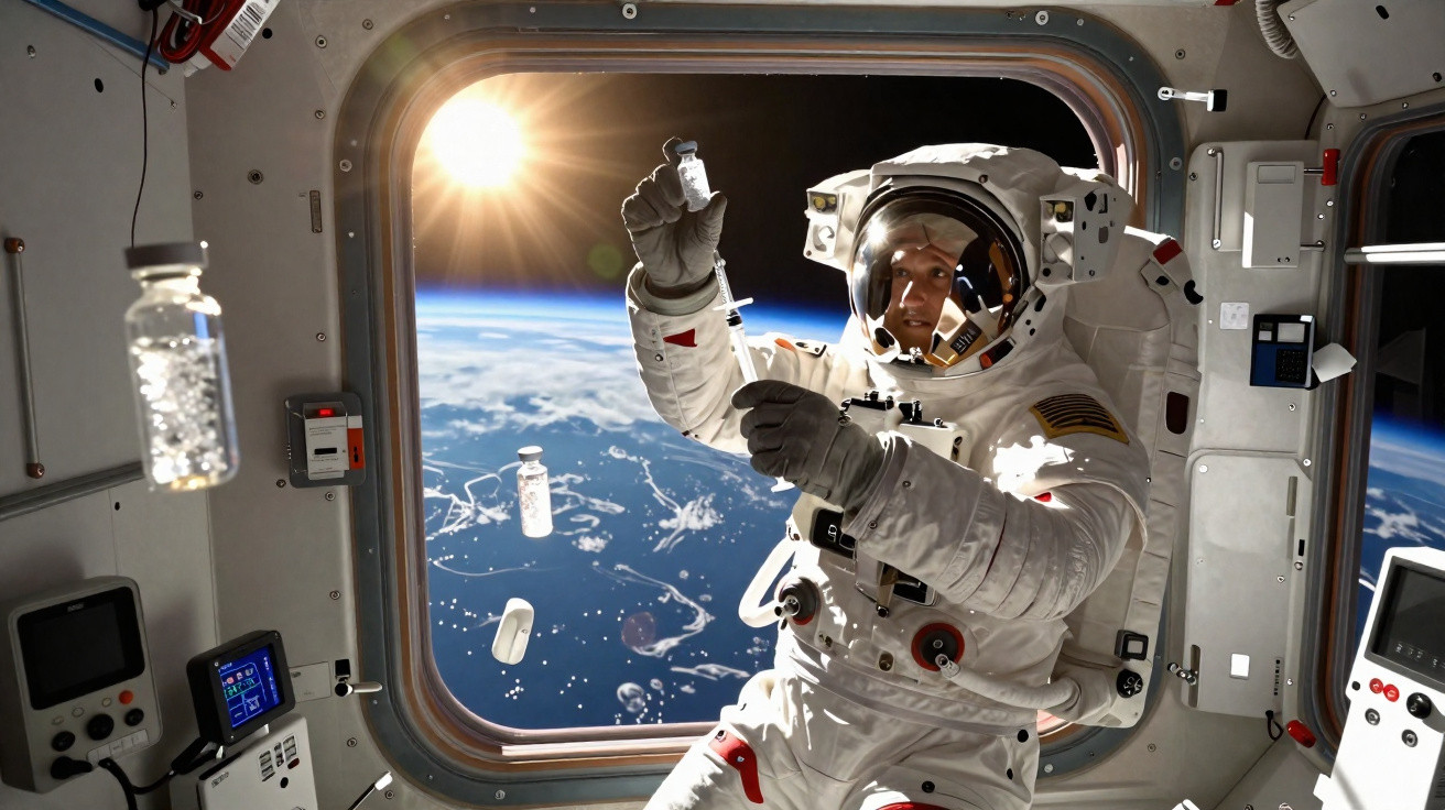 Astronaut in Raumanzug sammelt Proben im Weltraum vor der Erde mit Sonne im Hintergrund.
