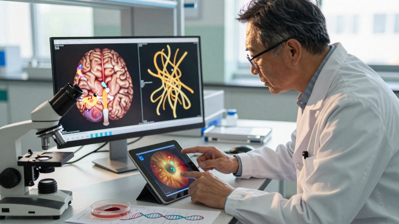 Wissenschaftler analysiert Gehirn- und Nervensystemdaten auf Tablet und Monitor im Labor mit Mikroskop.