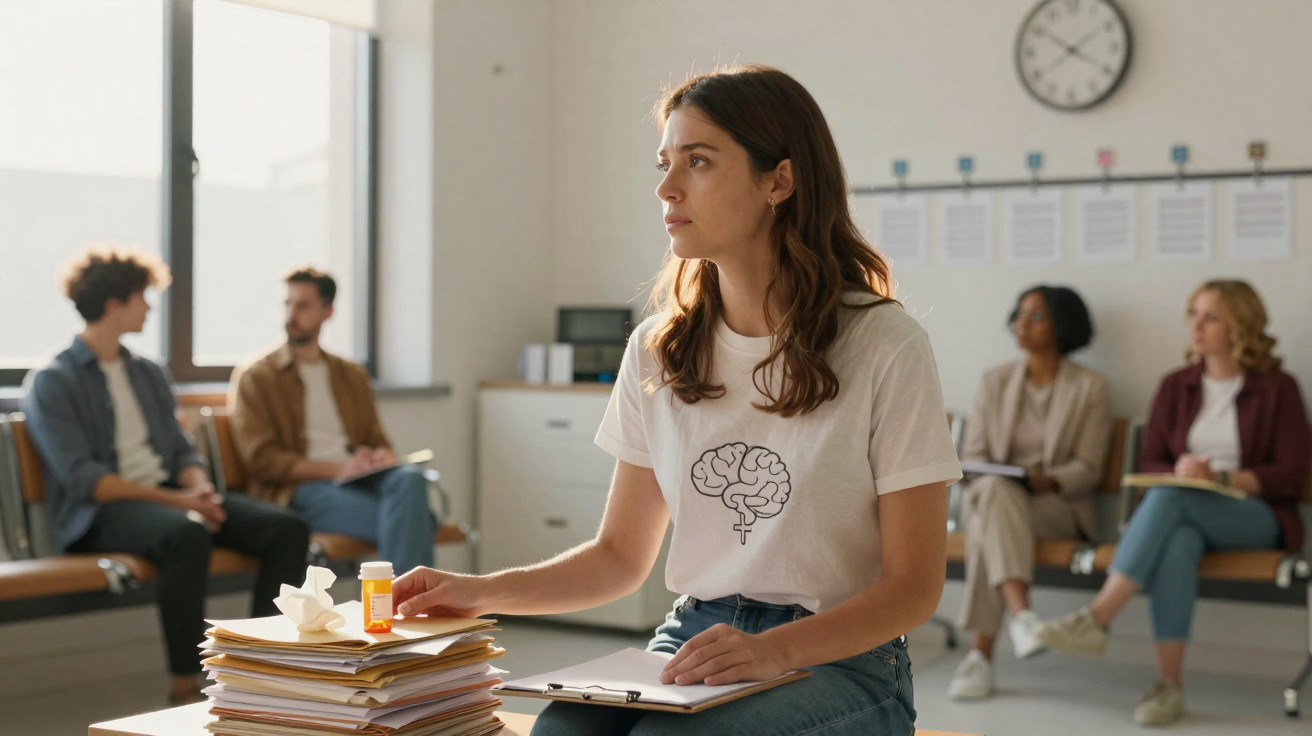 Junge Frau mit Psychologie-T-Shirt hält Tablettenflasche, andere warten im Wartezimmer einer Arztpraxis.