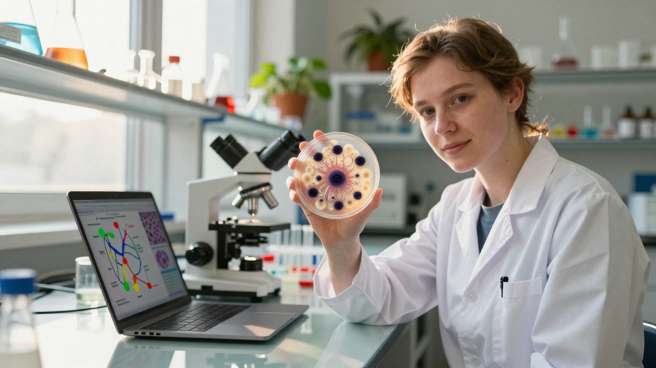 Junge Wissenschaftlerin im Labor hält Petrischale mit Bakterienkulturen vor Mikroskop und Laptop.