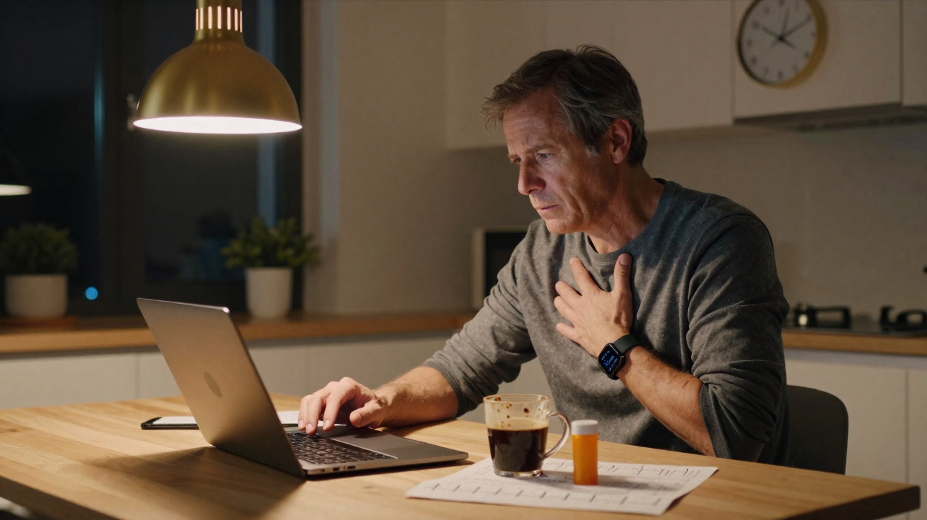 Mann sitzt abends in der Küche, arbeitet am Laptop und hält sich mit besorgtem Gesicht die Hand auf die Brust.
