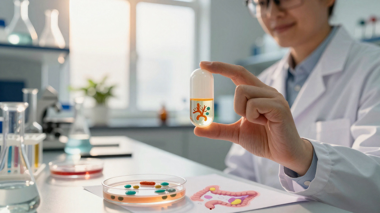 Wissenschaftlerin hält Kapsel mit Darmsymbol, Forschung zu Mikrobiom, Labor mit Geräten und Proben.
