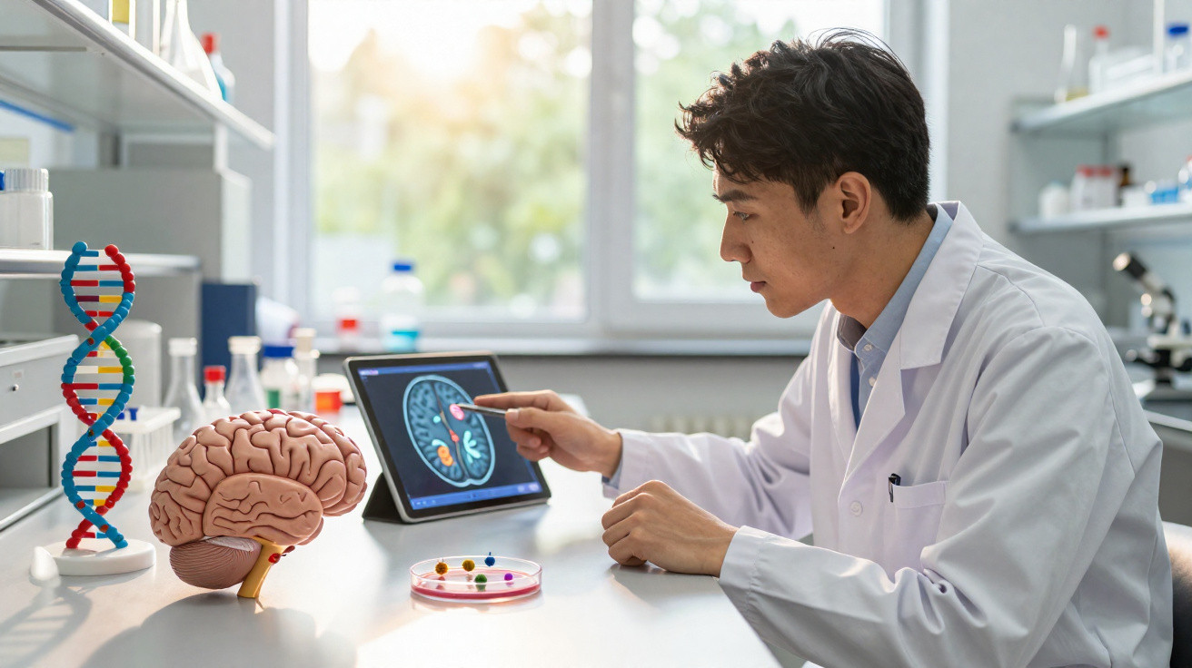 Wissenschaftler im Labor analysiert Gehirn-Scan auf Tablet neben DNA-Modell und Hirnmodell.