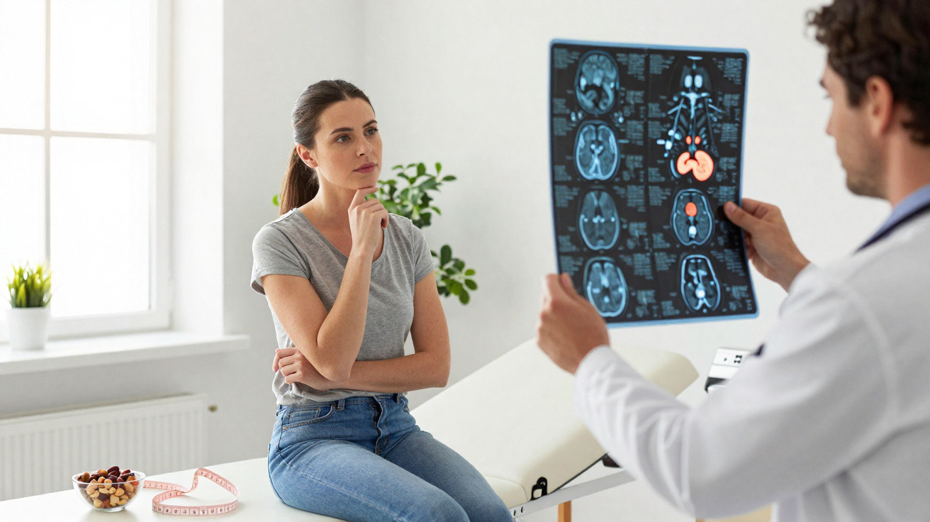 Ärztin erklärt Patientin Gehirn- und Nieren-CT-Aufnahmen in heller Arztpraxis mit Pflanzen im Hintergrund.
