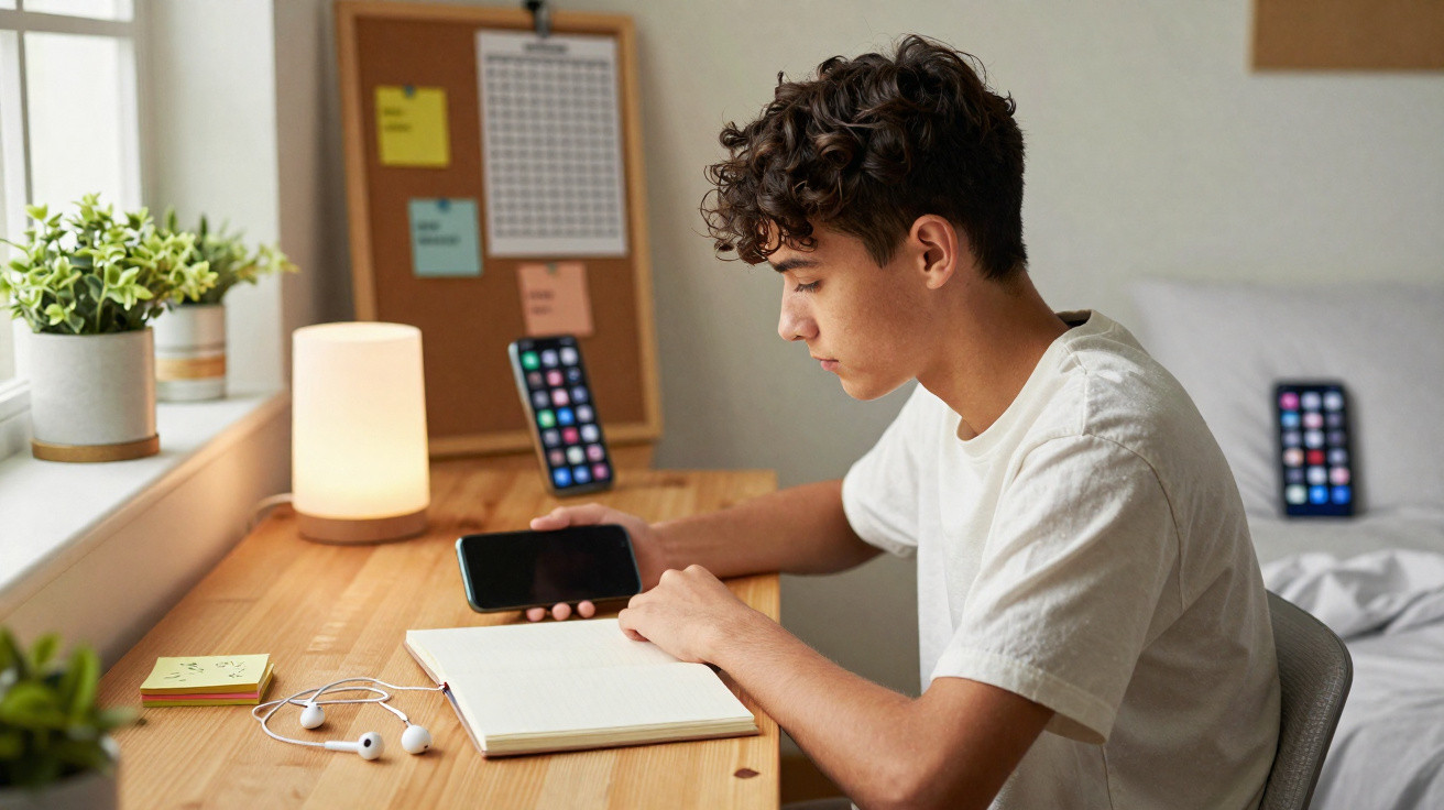 Junger Mann sitzt am Schreibtisch mit Smartphone und Notizbuch, Neben Tischlampe und Pflanzen.