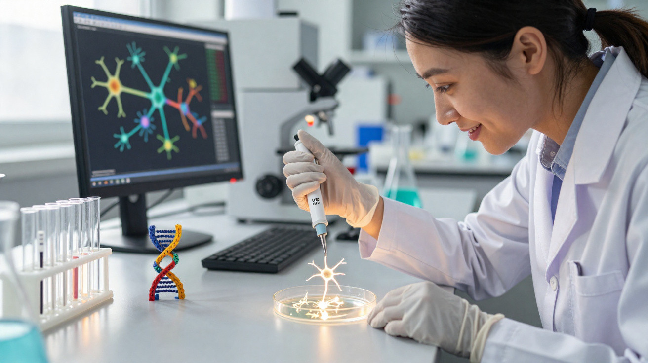 Wissenschaftlerin im Labor mit Pipette, Petrischale und DNA-Modell, digitaler Molekularstruktur auf Bildschirm.