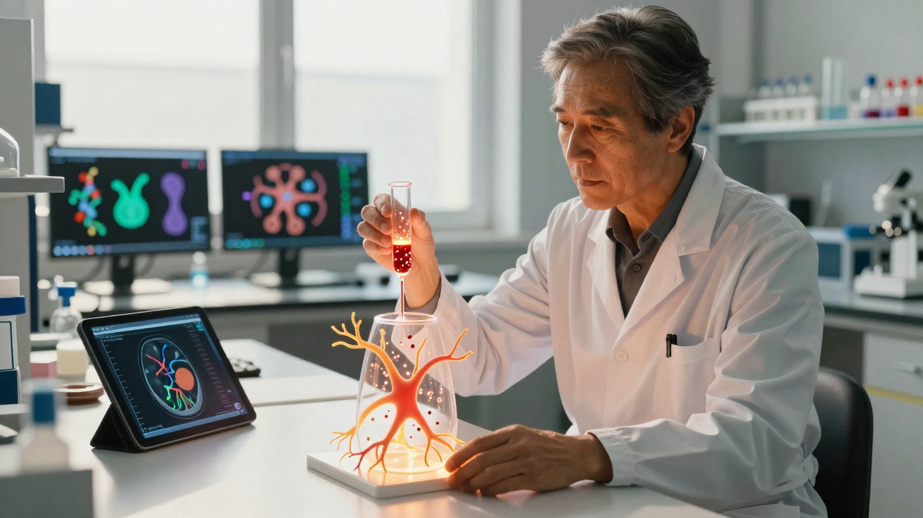 Wissenschaftler im Labor untersucht leuchtendes Modell eines Nervensystems und hält Reagenzglas mit roter Flüssigkeit.