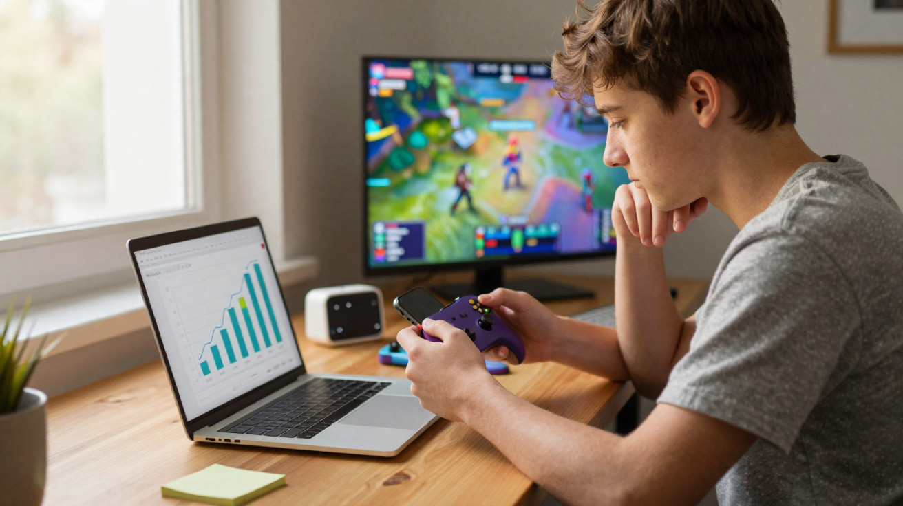 Jugendlicher sitzt am Tisch, hält Spielecontroller, Laptop mit Diagramm und Monitor mit Videospiel im Hintergrund.