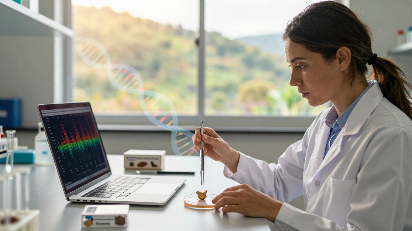 Wissenschaftlerin im Labor analysiert Probe mit Pinzette vor Laptop mit DNA-Grafik im Hintergrund.