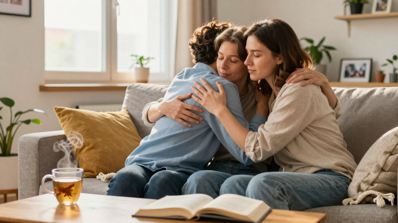 Drei Frauen sitzen nah beieinander auf einem Sofa und umarmen sich tröstend in einem gemütlichen Wohnzimmer.