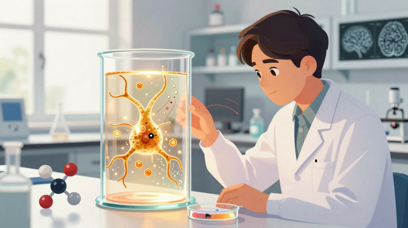 Wissenschaftler im Labor untersucht eine große Neuronenstruktur in einem Glasbehälter mit Mikroskop und Reagenzglas.
