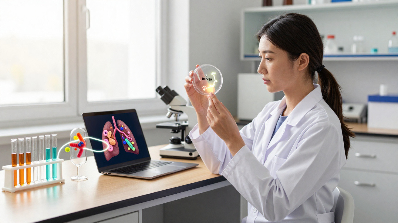 Wissenschaftlerin im Labor untersucht Outbreak-Analyse auf Petrischale mit digitaler Darstellung der Lunge am Laptop.