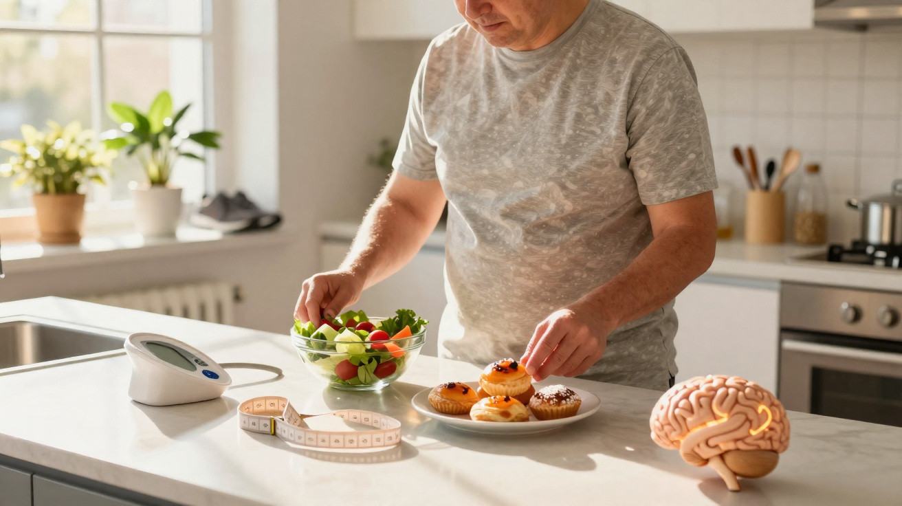 Mann steht an Küche mit Salat, Kuchen und Gehirnmodell, vor Waage und Maßband auf Arbeitsplatte.