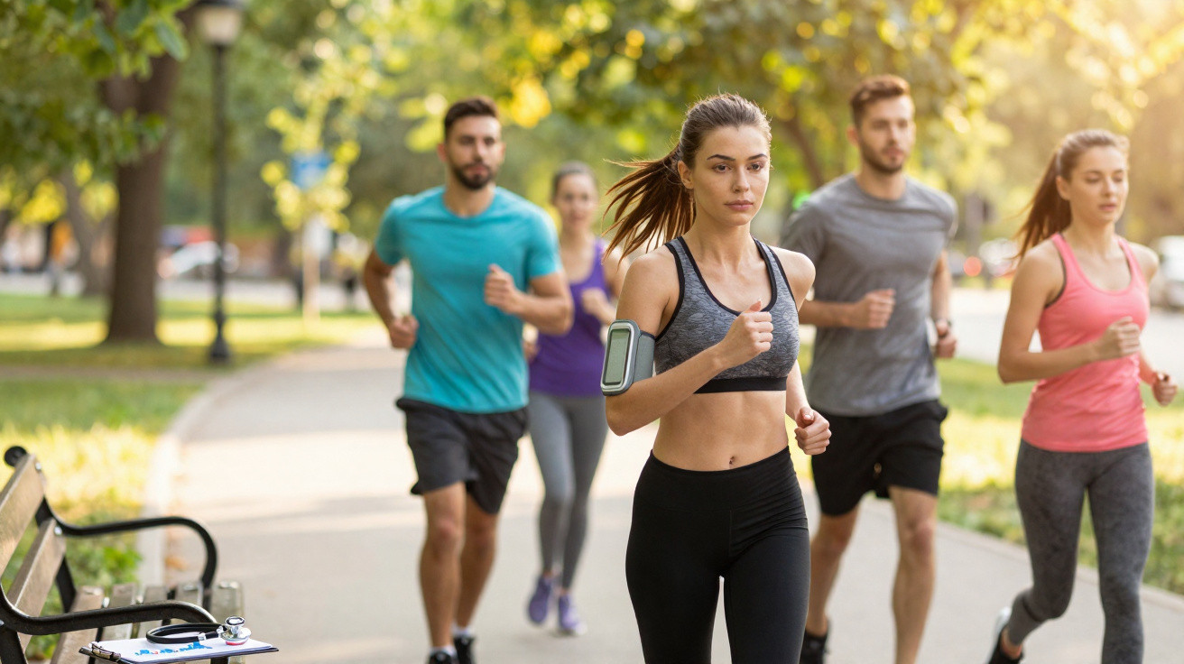 Gruppe junger Menschen läuft im Park auf einem sonnigen Weg, Frauen und Männer in Sportkleidung joggen zusammen.