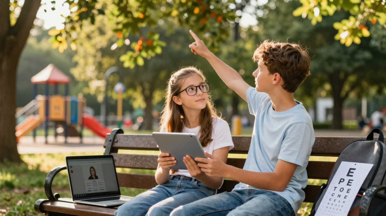 Zwei Kinder mit Tablet und Laptop sitzen auf Parkbank, Junge zeigt auf orangefarbene Frucht am Baum.