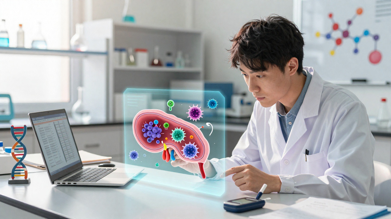 Wissenschaftler im Labor analysiert eine digitale Darstellung von Viren und Bakterien neben Laptop und DNA-Modell
