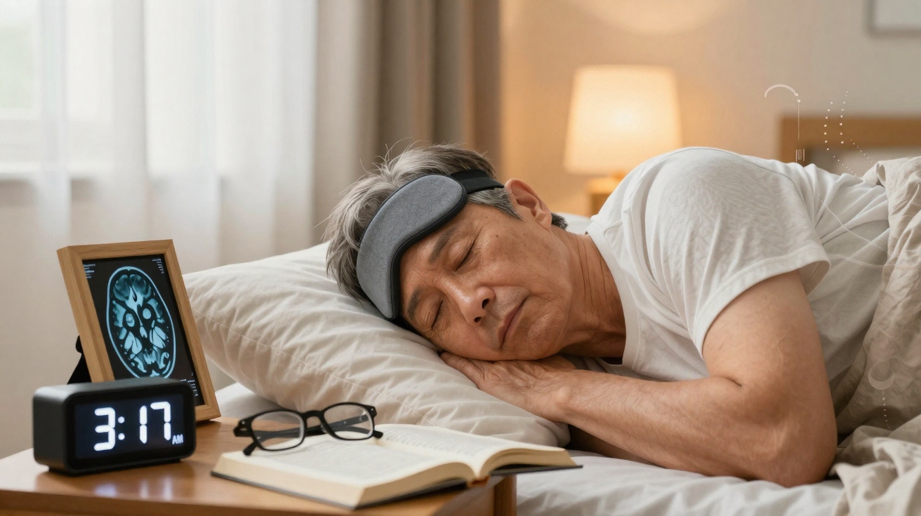 Älterer Mann mit Schlafmaske schläft im Bett, daneben Wecker, Brille und Buch auf Nachttisch bei 3:17 Uhr.