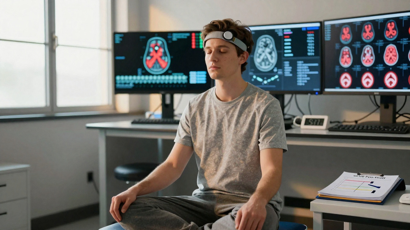 Junger Mann meditiert mit einem EEG-Headset vor Bildschirmen mit Gehirnscans in einem Labor.