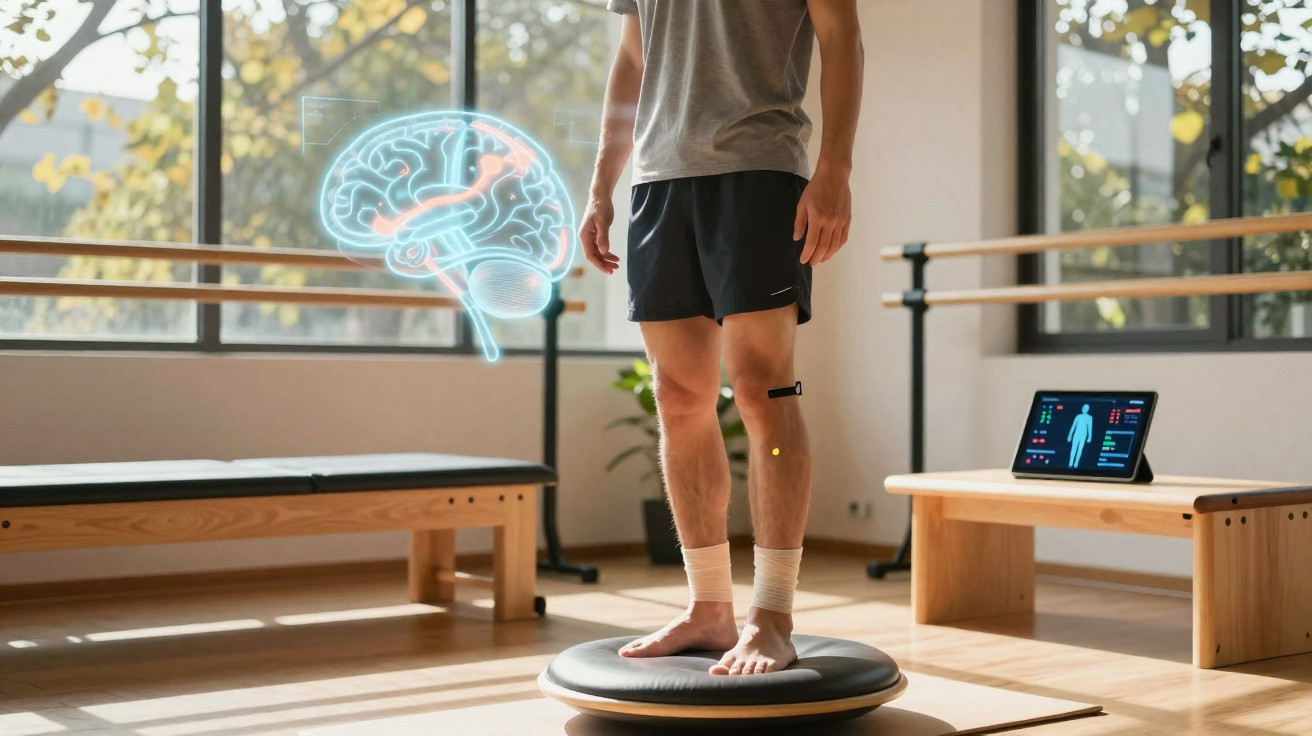 Mann balanciert auf Balance-Board in hellem Raum mit holografischer Gehirnprojektion und Tablet mit Gesundheitsdaten.
