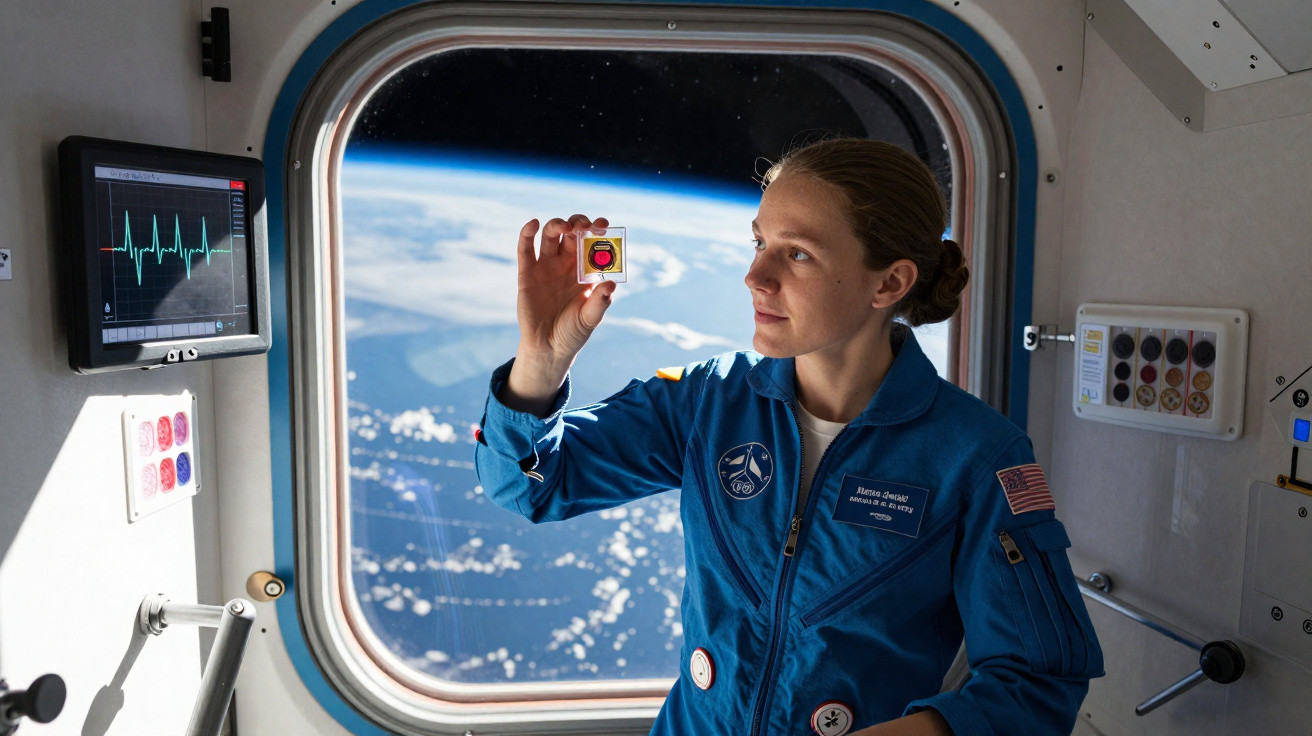 Astronautin in Raumstation hält kleines Gerät vor Fenster mit Blick auf die Erde im All