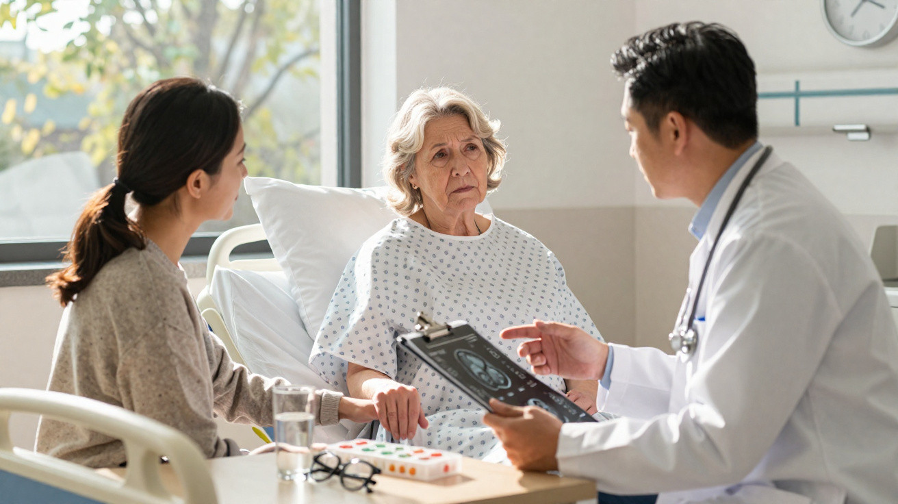Ältere Patientin im Krankenbett hält die Hand ihrer Begleiterin während Arzt ihnen Befunde erklärt.