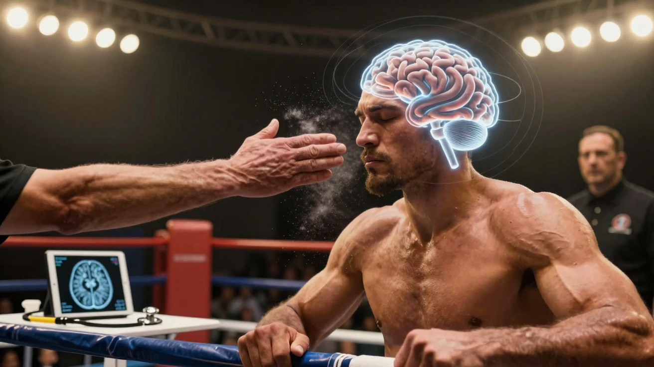 Boxer im Ring wird gerade von einem Schlag getroffen, Gehirn digital hervorgehoben, medizinische Untersuchung im Hintergrund 