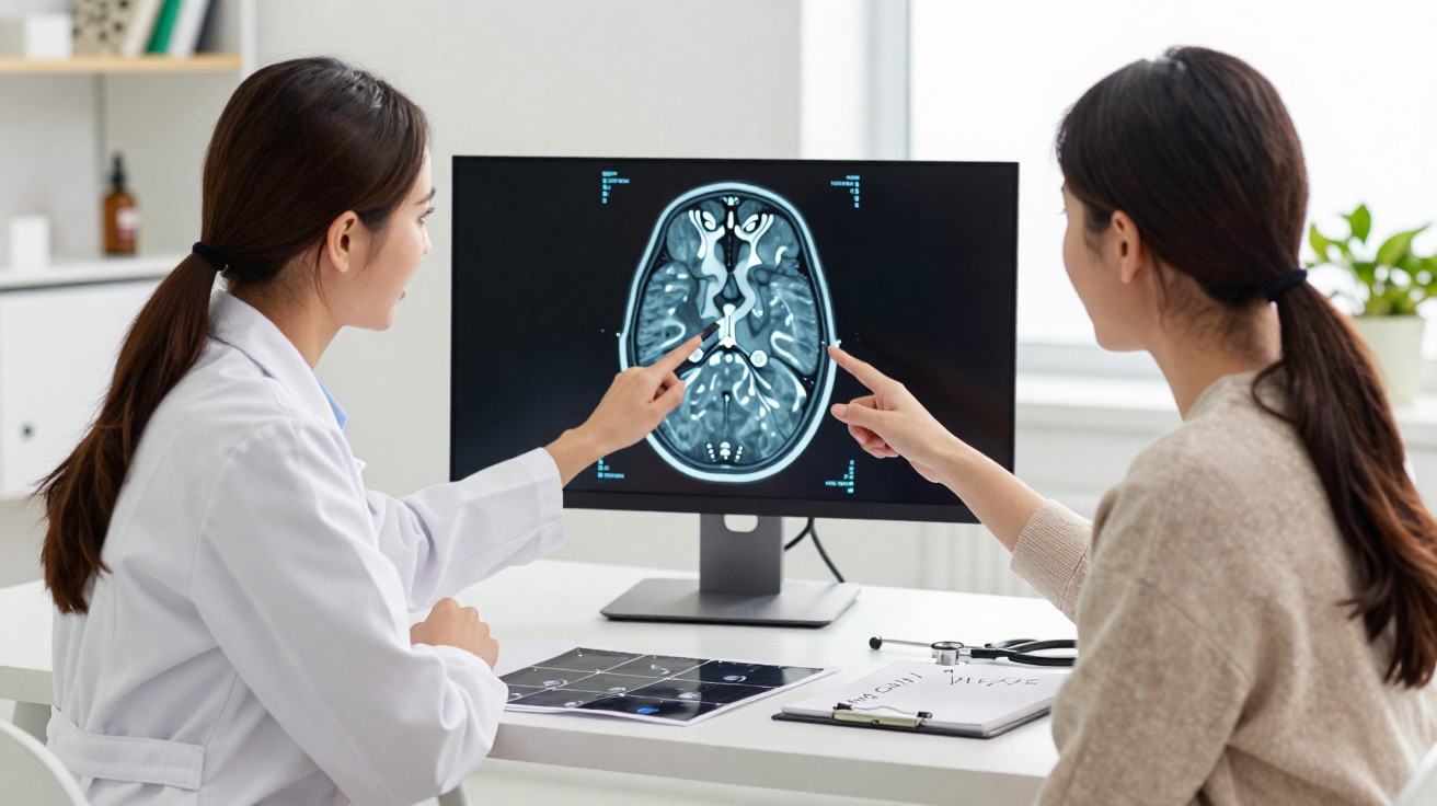 Ärztin und Patientin betrachten ein MRT-Bild des Gehirns auf einem Computerbildschirm in einer Praxis.