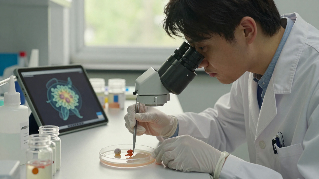 Wissenschaftler im Labor untersucht Proben in Petrischale mit Mikroskop und digitaler Grafik eines Tieres im Hintergrund.