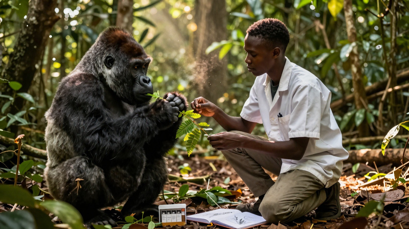 Ein Mann untersucht im Wald neben einem sitzenden Gorilla Pflanzen und dokumentiert die Beobachtung.