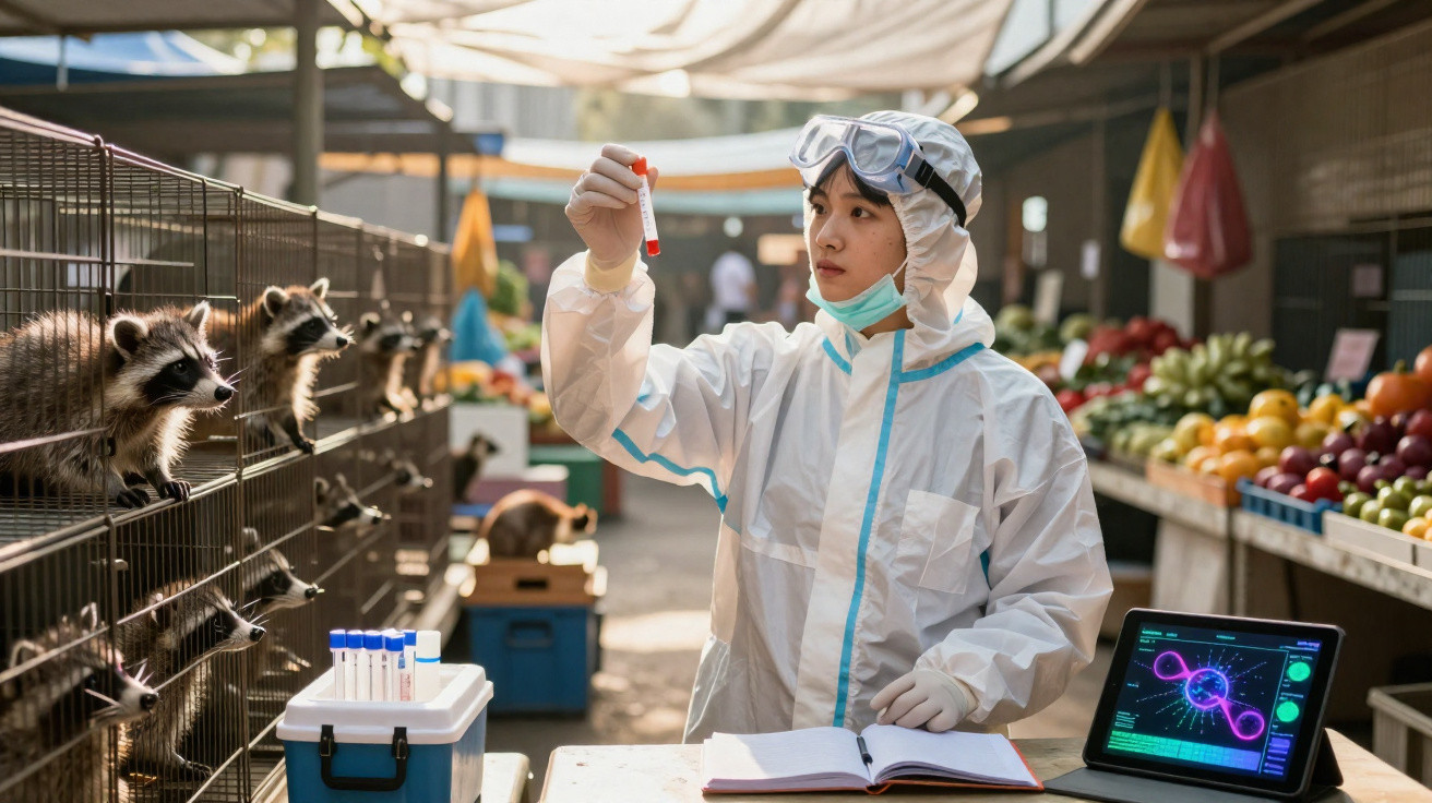 Frau in Schutzanzug untersucht Blutprobe von Waschbären in Käfigen auf belebtem Markt mit Obstständen.