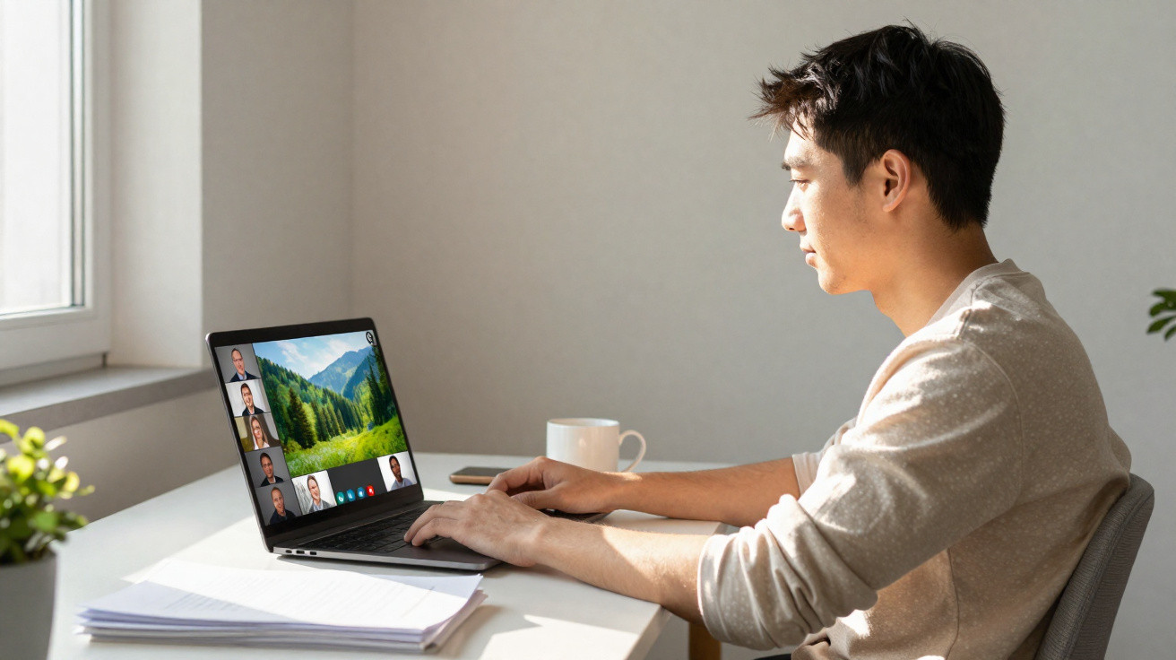 Mann nimmt an einer Videokonferenz am Laptop teil, sitzt am hellen Schreibtisch mit Tasse und Pflanzen.