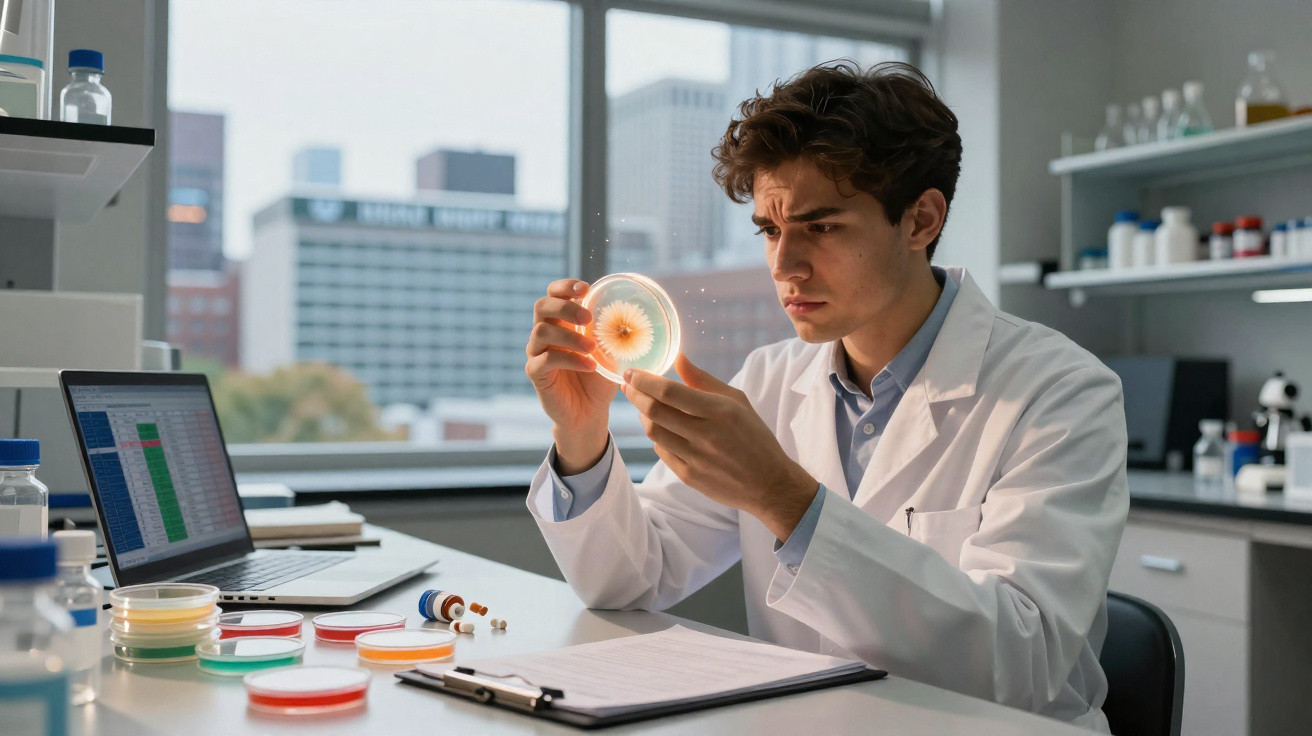 Junger Wissenschaftler im Labor untersucht Bakterienkultur auf einer Petrischale konzentriert.