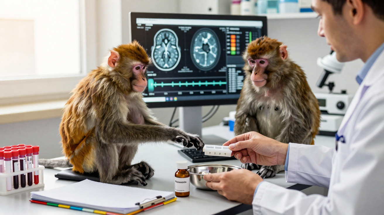 Zwei Affen in einem Labor mit einem Wissenschaftler, der einen Teststreifen hält, vor einem Bildschirm mit Gehirnscans.