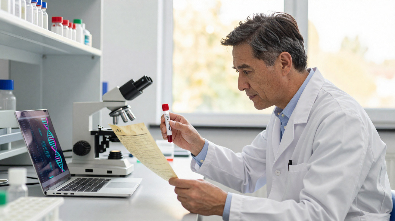 Wissenschaftler im Labor hält Blutprobe und liest Befund, Laptop und Mikroskop im Hintergrund.