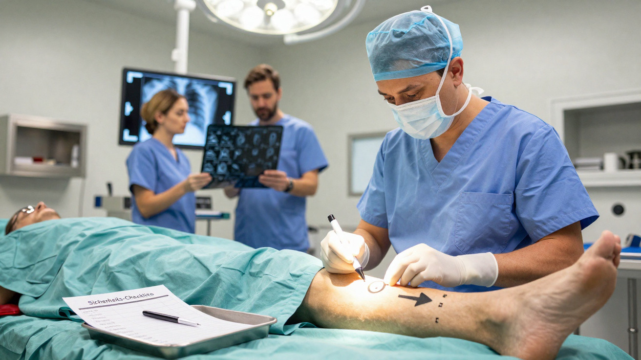 Chirurg markiert Operationsstelle am Bein eines Patienten, während Team Röntgenbilder im Hintergrund prüft.