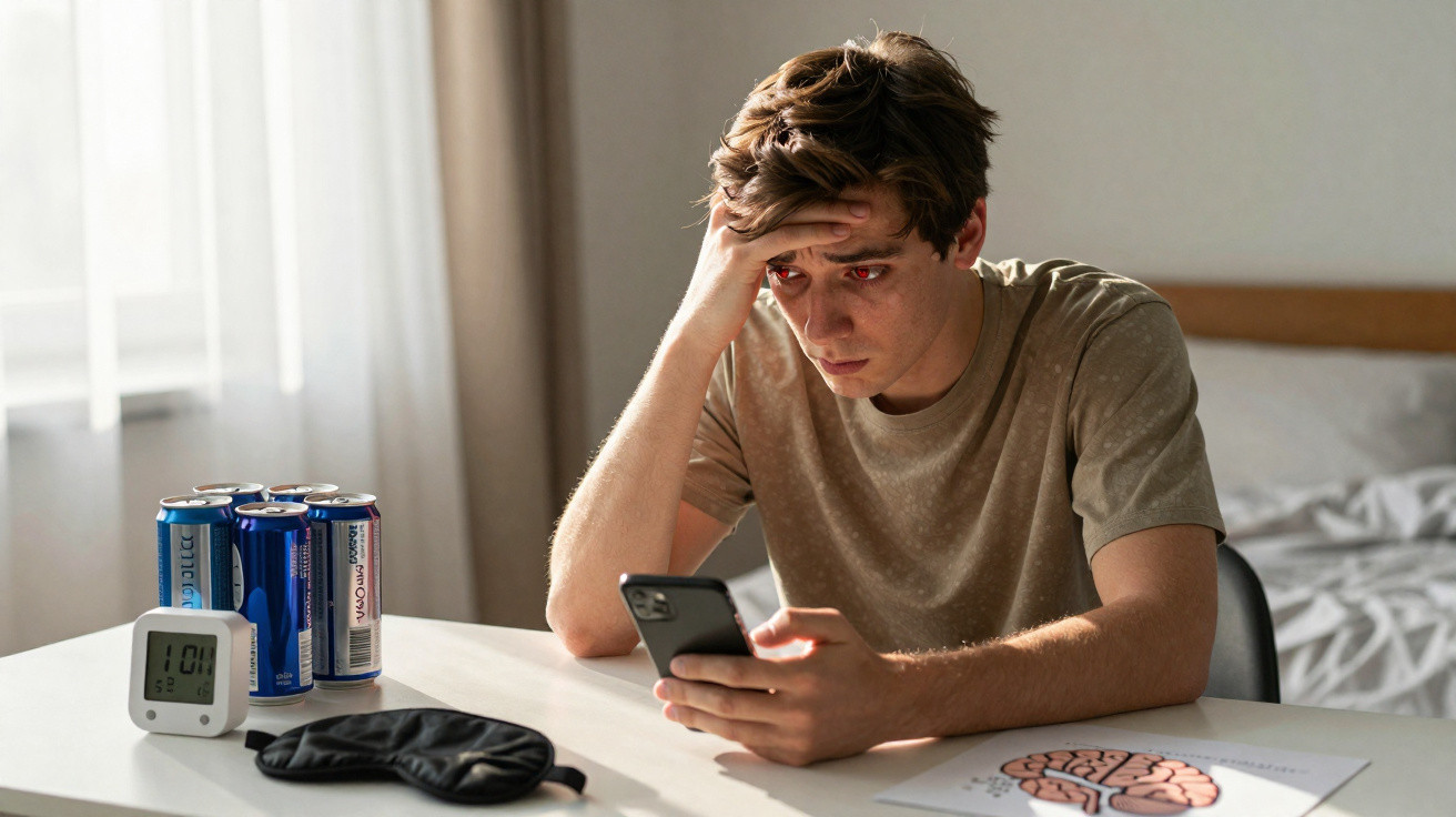 Junger Mann mit roten Augen sitzt am Tisch, sieht besorgt auf sein Handy, daneben Energydosen und Schlafmaske.