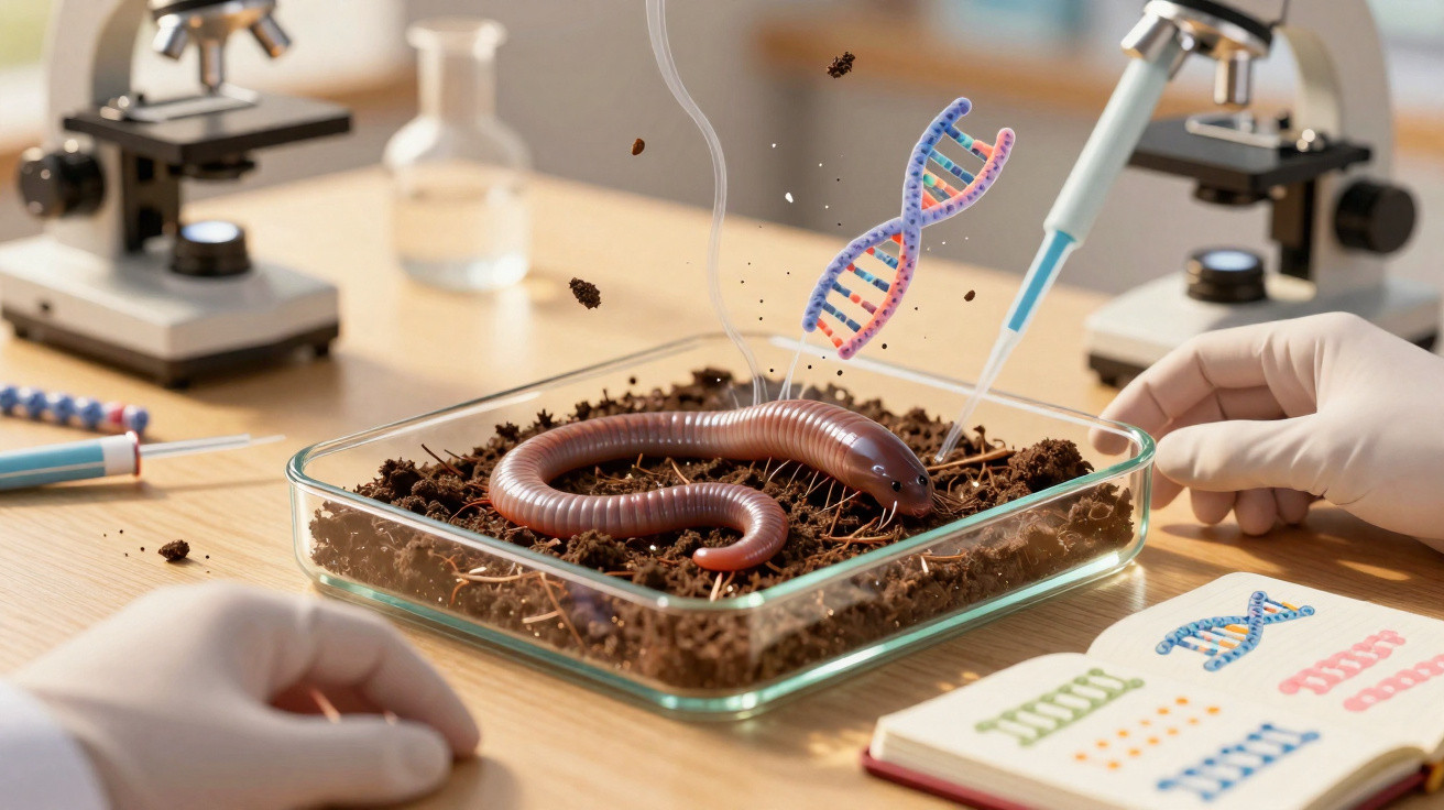 Wissenschaftler untersucht Regenwurm im Labor mit DNA-Darstellung und Mikroskopen im Hintergrund.