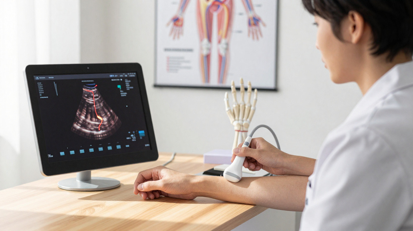 Ärztin führt Ultraschalluntersuchung am Arm eines Patienten mit medizinischem Monitor durch.