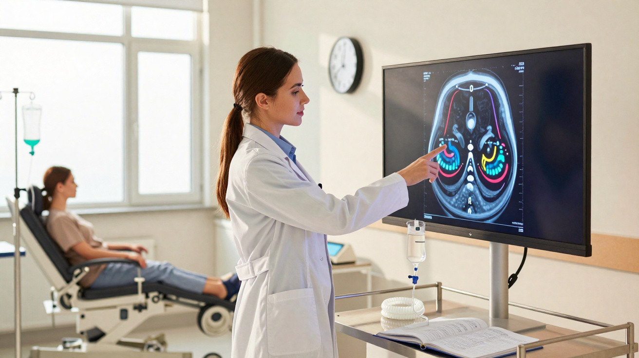 Ärztin zeigt auf farbige Bereiche in einer Lungen-CT-Aufnahme, Patientin mit Infusion im Krankenhausraum sitzt im Hintergrund