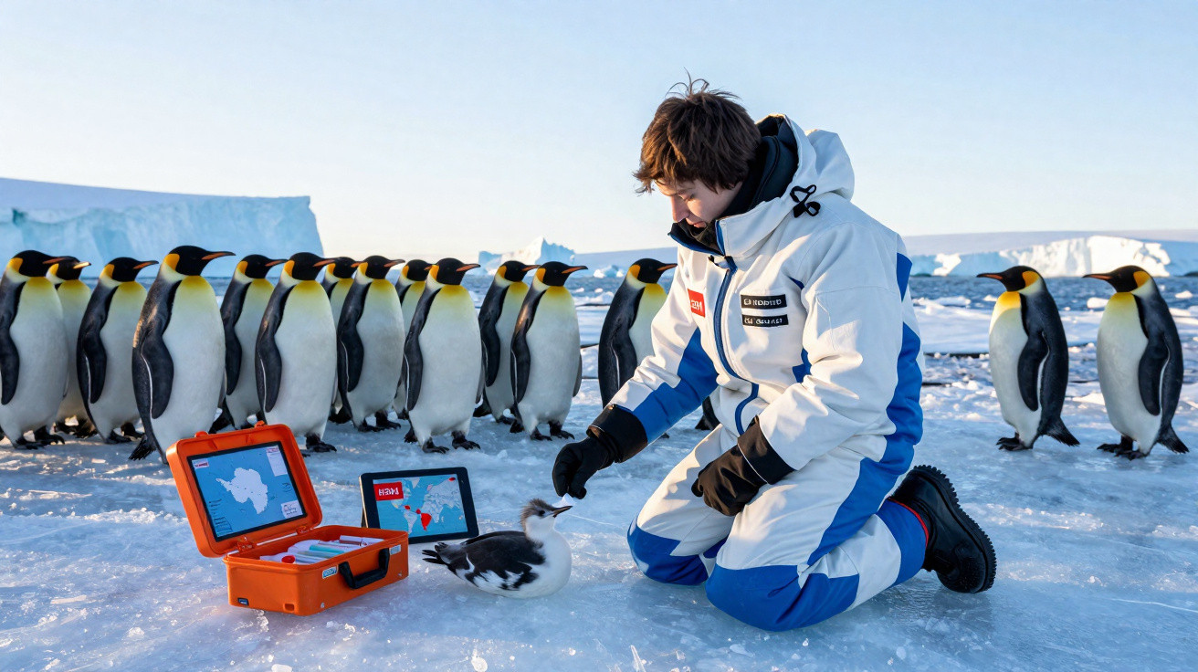 Forscher in Polarforschungskleidung kniet im Schnee und berührt Jungpinguin vor Gruppe von Kaiserpinguinen.