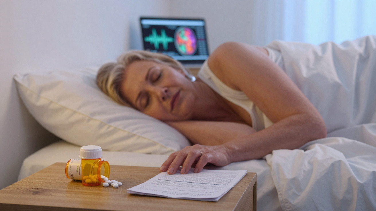 Frau schläft im Bett, neben Nachttisch mit Pillenflasche und verstreuten Tabletten, im Hintergrund Hirnscan auf Monitor.